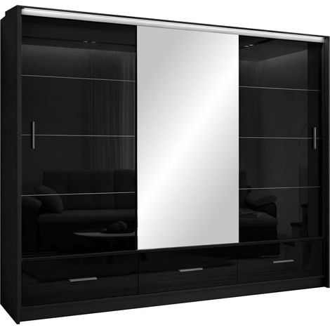 Armario Honolulu 203, Negro + Negro brillante, 222x255x61cm, Puertas de armario: Correderas, Número de estantes: 0, LED