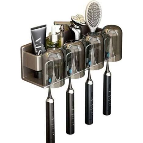 Porte-brosse à dents Space en aluminium, support mural de salle de bain pour dentifrice avec 4 tasses, gris