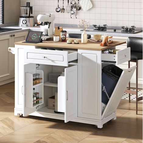 Isla de cocina 131.8x40-70x93.3 cm blanco y natural en MDF con ruedas, encimera extensible y enchufes (1/5)