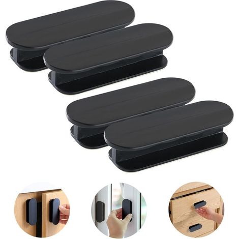 Lot de 4 poignées de porte autocollantes - plastique - pour fenêtres, portes vitrées, tiroirs - noir (1/4)