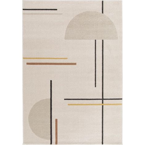 Tapis rectangulaire 160x230 cm tissé polypropylène beige et jaune – Motif géométrique – Anti-poussière et hydrofuge – Certifié OEKO-TEX® – Unamourdetapis