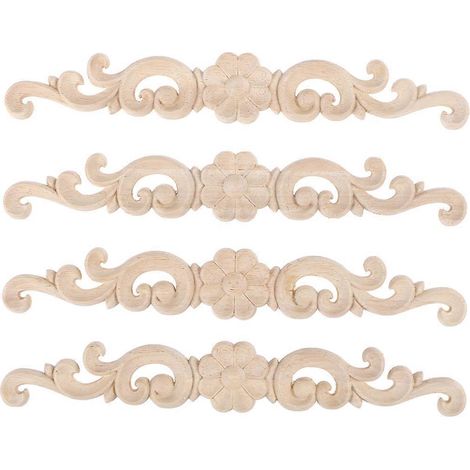 Lot de 4 appliques décoratives d'angle en bois sculpté, non peintes, style européen, pour porte ou meuble. (1/3)