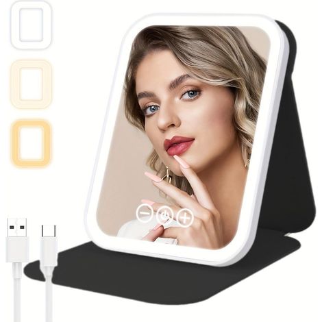 Miroir de maquillage portable à LED avec lumière, miroir pliable rechargeable, idéal pour les voyages, la salle de bain et le bureau, noir. (1/5)