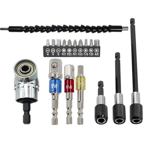 Ensemble de 18 rallonges flexibles pour forets : adaptateur de perçage à angle droit 105°, douille à joint rotatif, adaptateur pour douilles hexagonales 1/4", 3/8" et 1/2", rallonge de foret flexible, (1/5)