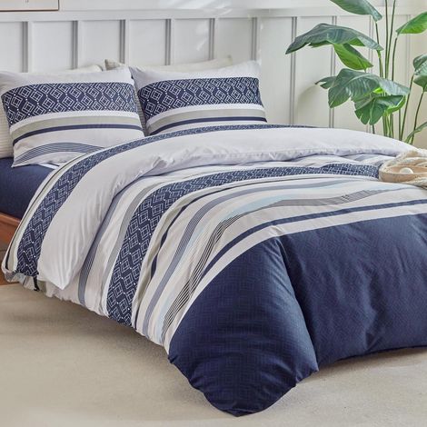 Bettwäsche-Set 4-teilig Doppelbett Dunkelblau Mikrofaser mit Spannbettlaken