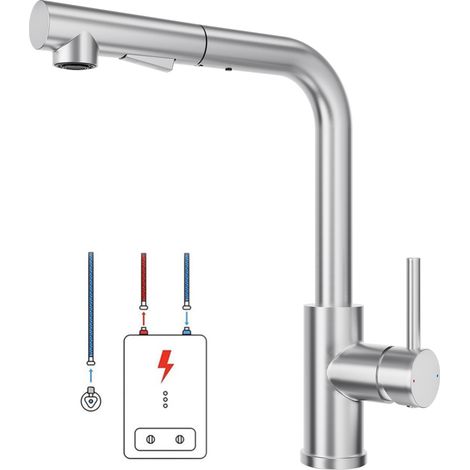 Niederdruck Küchenarmatur Wasserhahn Küche ausziehbar 360° drehbar Spültischarmatur mit Brause, Edelstahl Küchenwasserhahn, Gebürstet (1/5)
