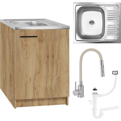 Küchenmöbel Goldene Eiche 60x50 - Edelstahlspüle - Flexible Armatur - Moderne Küche