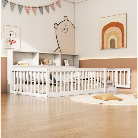 Letto singolo in legno di pino e MDF bianco 90x200 cm con rete a doghe, sponde di sicurezza e vani portaoggetti (1/4)