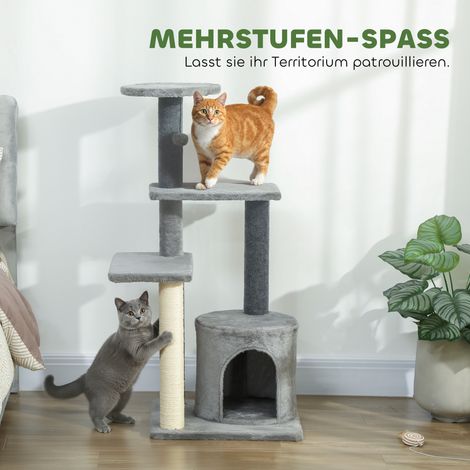 Arbre à chat 103 cm avec cachette, étagères, colonnes à gratter en sisal et jouet en peluche pour félins jusqu'à 5 kg, gris (1/4)