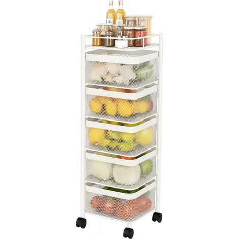 Resserre Métallique Carrée 5 Niveaux à Roulettes Blanc Rangement Cuisine/Bureau/Salle de Bain 28 x 28 x H 89 cm - Livraison gratuite
