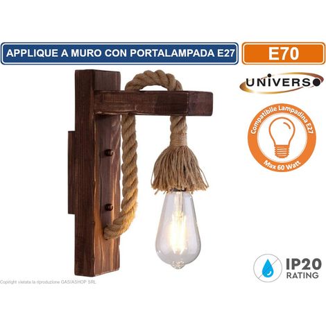 UNIVERSO APPLIQUE VINTAGE COUNTRY RETRO' DA PARETE IN CORDA E LEGNO CON PORTALAMPADA PER LAMPADINE  E27 (1/3)