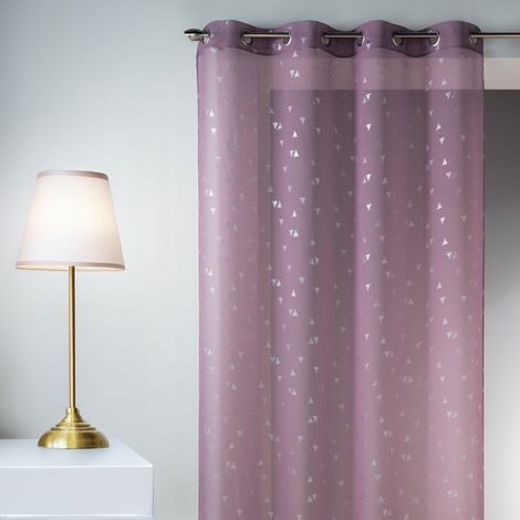 Voilage en étamine à impressions argentées 'triangle' violet parme 140x240 cm – 100% polyester – Prêt-à-poser avec œillets ronds argentés