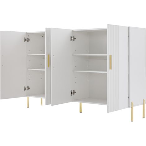 Credenza moderna bianca opaca multifunzionale 160 x 35 x 100 cm con 4 ante e dettagli oro HOMVRA (1/5)