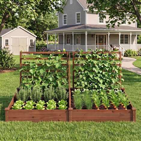 Carré potager surélevé naturel en bois de sapin avec 2 bacs, 3 treillis et base ouverte pour jardin et terrasse (1/5)