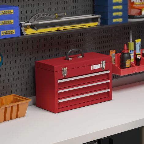 Leerer Werkzeugkoffer aus Stahl, rot, 51 x 22 x 32 cm, 3 Schubladen, mit Schloss OKMYHOME (1/5)