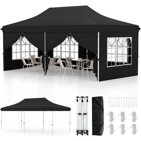 Tenda a scomparsa 3x6m con 6 pareti laterali rimovibili borsa da trasporto, Tenda gazebo pieghevole per feste Nero (1/4)