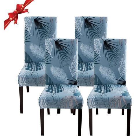 4 Pieces Stretch Dining Chair Covers, Washable Universal Chair Slipcovers, Chair Cover, Blue Leaves