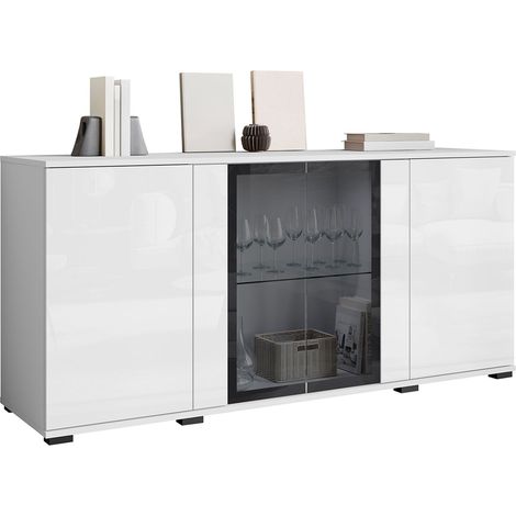Aparador Torcame 102, Blanco + Blanco brillante, 70x150cm, Número de puertas: 040cm, Aglomerado laminado, Vidrio templado (1/5)