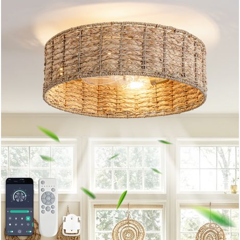 Ventilador de techo con luz 53x53x22 cm, control por app y mando, 6 velocidades, ratán y plástico cobre (1/5)
