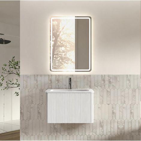 Set mobili bagno sospeso con specchio LED, 60 cm, preassemblato, lavabo integrato, MDF, vetro, bianco (1/5)