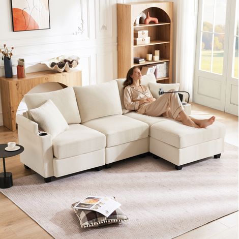 Canapé d’angle réversible 213.5x139x87 cm beige en velours côtelé avec pouf, USB et rangement (1/5)