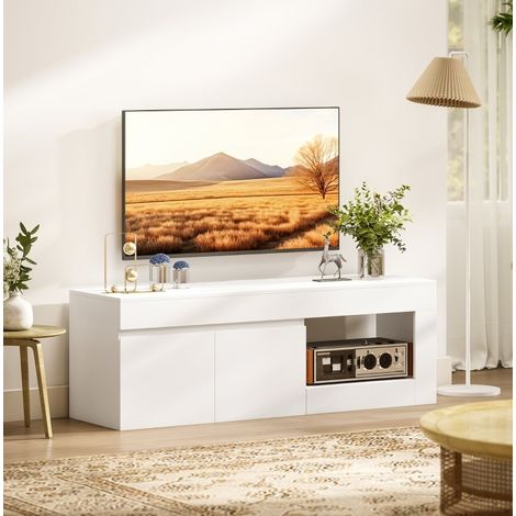 Mueble TV blanco 140 cm con 2 puertas y estante abierto OKWISH (1/5)