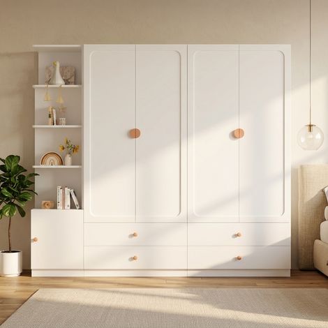 Grande armoire dressing 225 x 45 x 200 cm, 3 tringles, 4 tiroirs, grand rangement, bois et MDF, blanc (1/5)