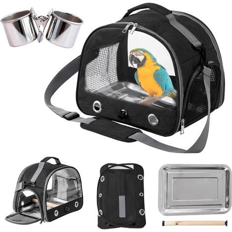 Boîte de transport pour oiseaux : sac à dos pour oiseaux avec perchoir et plateau en acier inoxydable, boîte de transport légère et respirante, cage de voyage pour perroquets perruches (noir) (1/5)