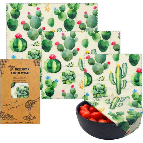 Lot de 3 chiffons alimentaires en cire d'abeille avec imprimé cactus aquarelle en trois tailles petite, moyenne et grande, emballage alimentaire réutilisable sans plastique pour pain, fruits et plats (1/4)