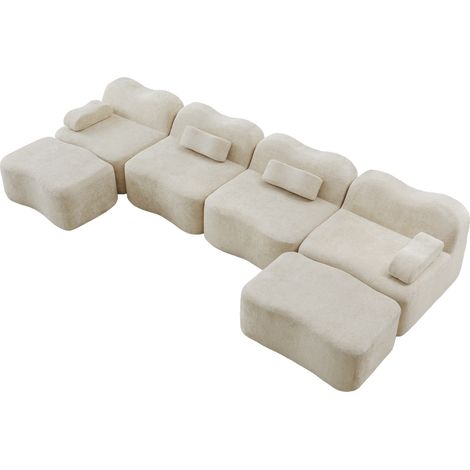 Canapé modulable U 4 places en velours beige, sans armature, avec 2 ottomans et coussins d'accoudoir mobiles, pour salon contemporain et assise profonde  CHICFURN (1/5)