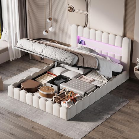 Letto contenitore 160x200 cm - Letto matrimoniale con USB e LED - Rete a doghe e vano contenitore nella testiera - Tessuto di lino - Beige (1/5)