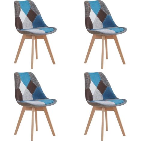 4er Set Esszimmerstühle Patchwork Blau mit Massivholzbeinen und abnehmbarem Sitzkissen (1/5)