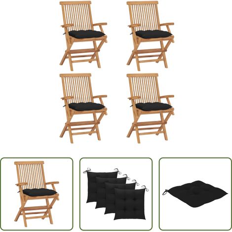 Teakholz - Gartenstühle mit Schwarzen Kissen 4 Stk. Massivholz Teak (1/5)