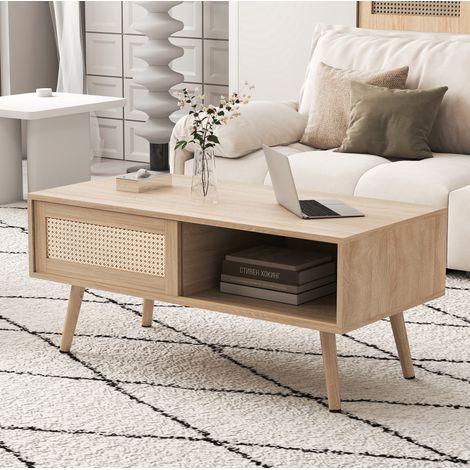 Table basse rectangulaire avec portes coulissantes, 105 x 55 x 41,5 cm, naturel DESVIAE (1/5)