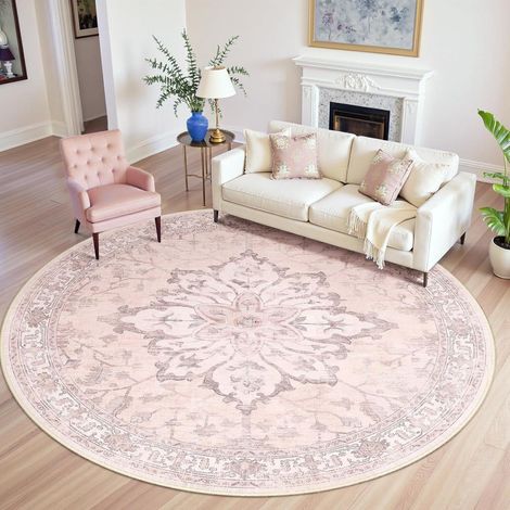 Alfombra lavable antideslizante, 152 cm, estampado floral, gris claro, para sala de estar y comedor. (1/5)