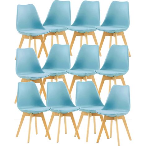 12 Chaises Tulipes Salle à Manger Scandinaves Bm Home Salle de Bureau, Pieds en Bois de Hêtre Massif, BLEUES