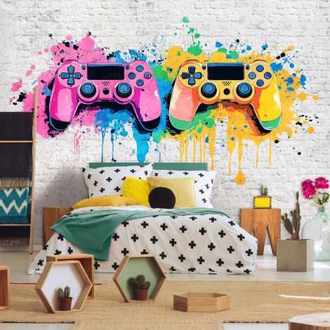 Vlies Fototapete Kinderzimmer 150x105 cm Spielkonsole - Fototapeten Tapeten für Kinder Mädchen & Jungen - Teenagerzimmer - Kinderzimmertapete Spiel fur Spieler Gamers Gaming Bunt, WallArena (1/4)