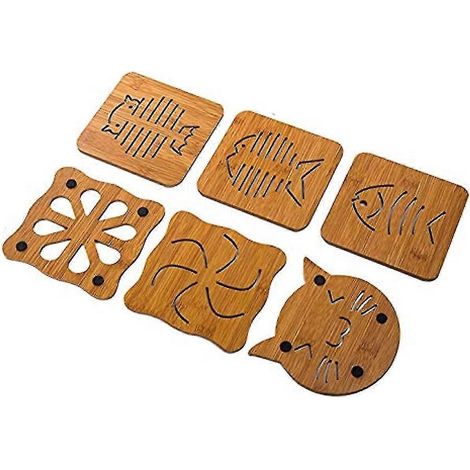 Dessous de verre en bois creux, motif poisson et chat, lot de 6, pour tasses, casseroles et poêles. (1/5)