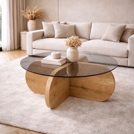 Runder Couchtisch Aris in Eichenoptik, Melamin und Rauchglas, 75