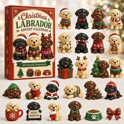 Adventskalender 2026 mit Labrador und drei weiteren Hunden – 2D-Überraschungsbox