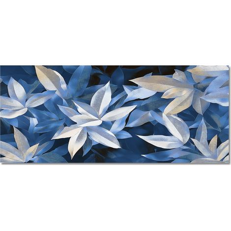 Lupia - Quadro moderno Canvas World LEAVES COBALT BLUE, Stampa su Tela PVC, Telaio in Fibra di Legno, Foglie nei toni del blu, 52x122 cm, per soggiorno capezzale camera da letto, ufficio