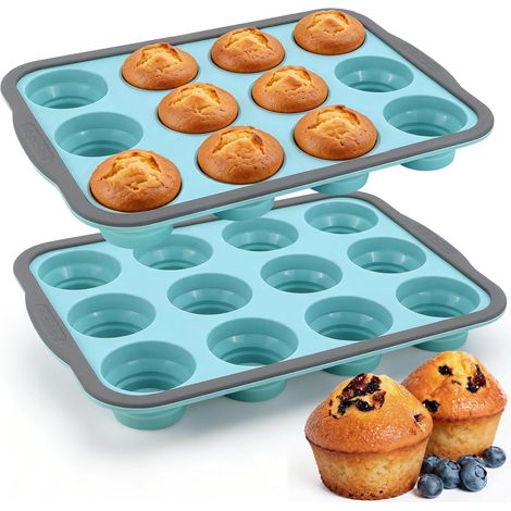 Lot de 2 moules à muffins en silicone avec cadre en métal - 12 moules à muffins pour cupcakes, puddings, brownies, sans BPA - Antiadhésif,Parent,- (1/5)