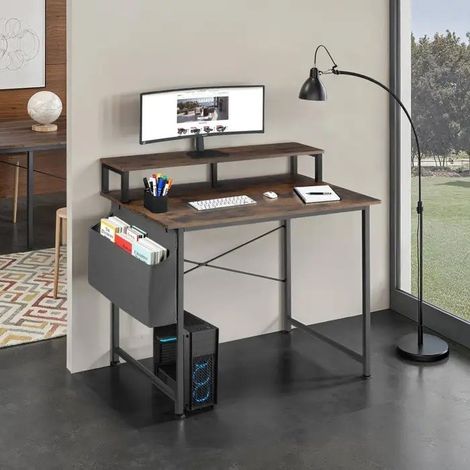 Bureau industriel 120 cm avec étagère et poche latérale – Bois Foncé & métal (1/5)