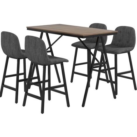 Set tavolo alto e 4 sgabelli da bar, grigio scuro, imbottito, effetto lino, 5 pezzi