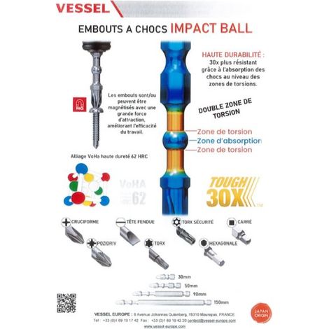 Embout vissage torsion impact ball pz - Empreinte : PZ2 - dimension (mm) : 90 - VESSEL