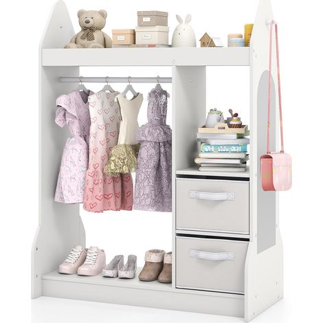COSTWAY Guardaroba per Bambini, Armadio Gioco con Specchio Appendiabiti, Cassette in Tessuto Pieghevoli, Organizer per Stanza e Camera da Letto, 81 x 38 x 107 cm (Bianco) (1/5)