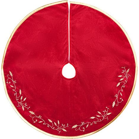 Falda para árbol de Navidad, 120 cm, lujosa falda de terciopelo rojo con bordado dorado con motivo de hojas de acebo. (1/5)