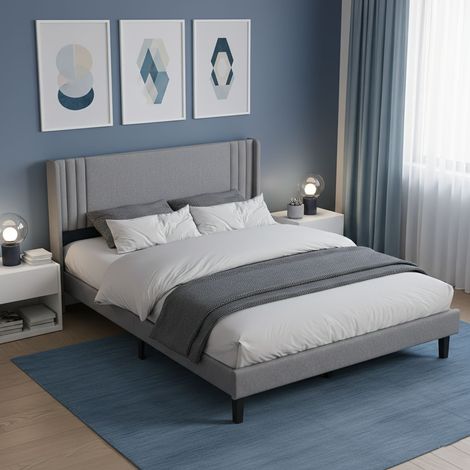 Letto matrimoniale 140x190 cm in tessuto lino, 2 posti, con testiera, rete a doghe in legno, stile minimal moderno - Grigio