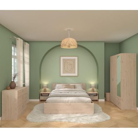 Chambre complète adulte VARIA – Lit 140x190/200 – 2 chevets – 1 commode – 1 armoire avec miroir – Panneaux de particules décor chêne – Parisot