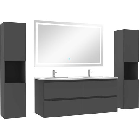 Ensemble meubles Salle de Bain 120cm vasque + colonne + miroir lumineux Anthracite